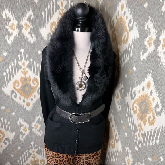 Ralph Lauren Black Cashmere Lamb Shearling Collar Cardigan Sweater - Picture 3 of 16